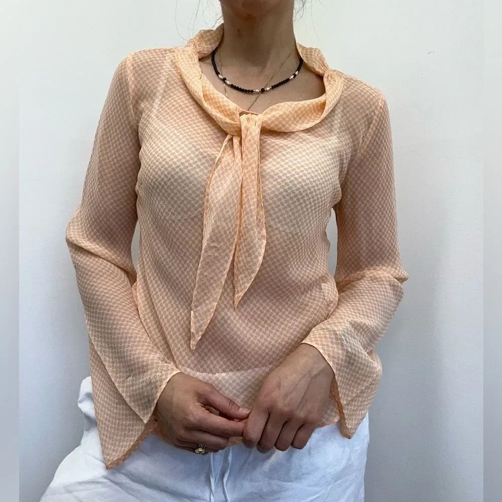Vintage 100% Silk Sheer Peach Printed Tie Neck Long Sleeve Blouse Size M